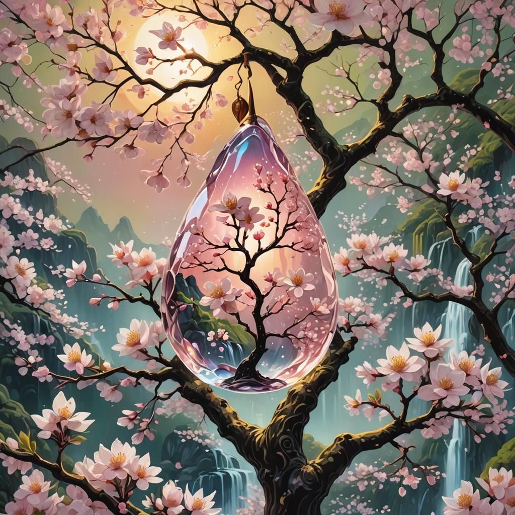 Crystal Pear with Cherry Blossom Tree, Detailed Digital Art