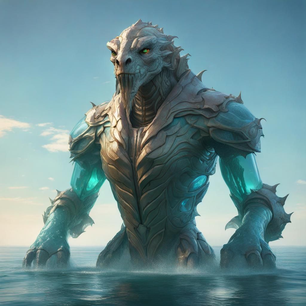 Glass Hydra Golem in Still Sea, Hyperdetailed Art