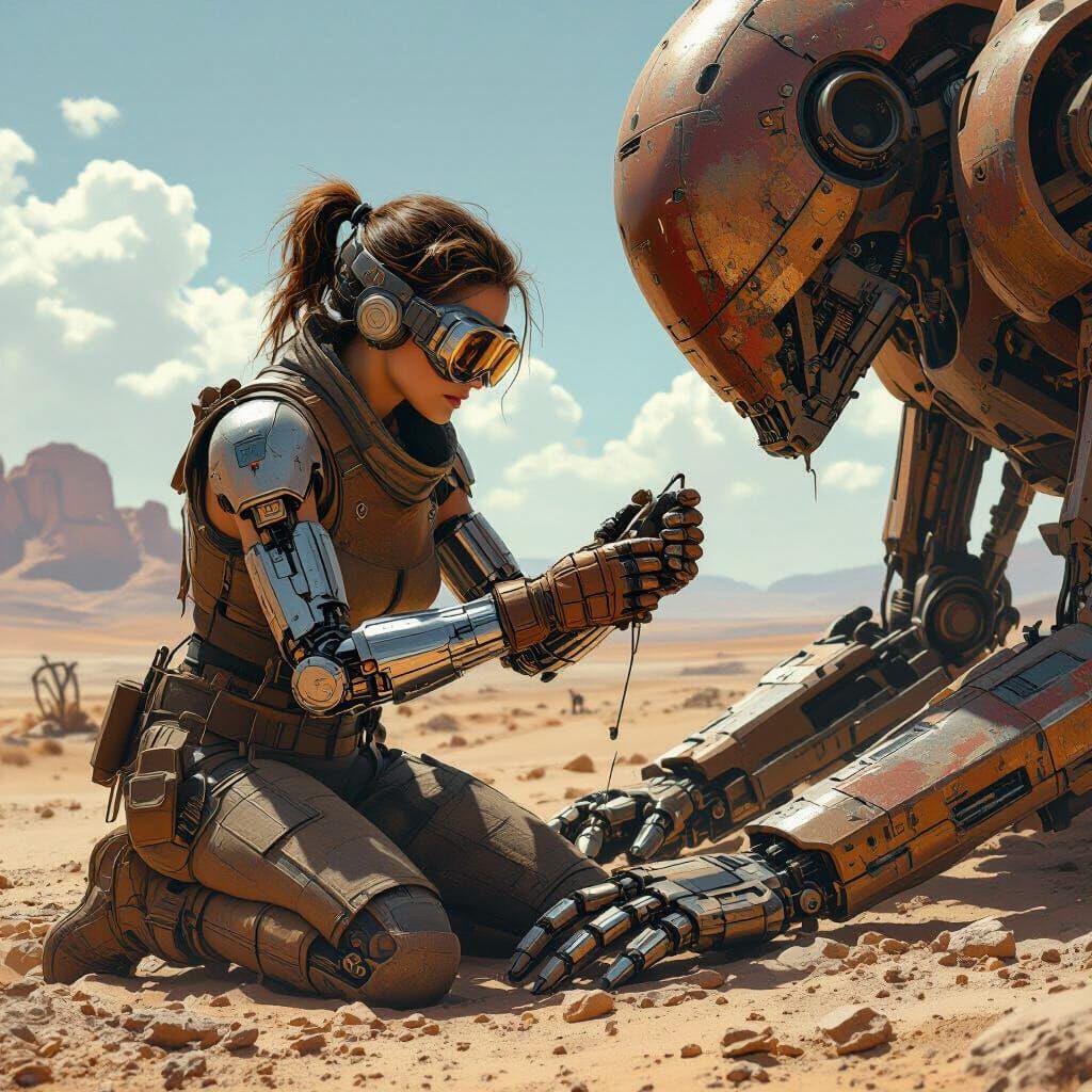 Cyborg Engineer Repairs Automaton in Desert, Dieselpunk Art