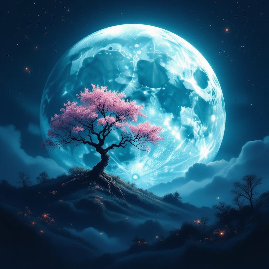 Surreal Moon with Dreamlike Landscape and Luminous Tree