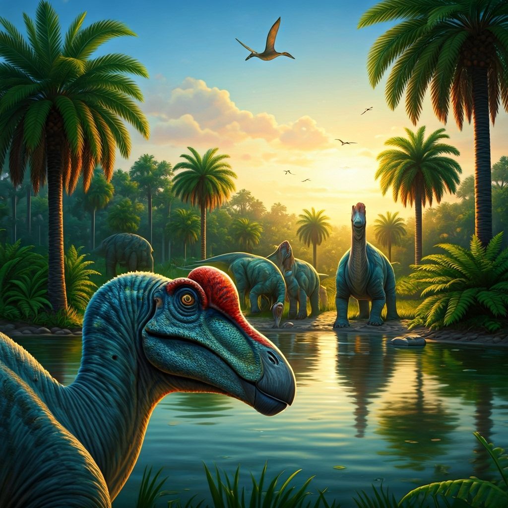 Hadrosaurs Drinking at Pond's Edge as Oil Painting