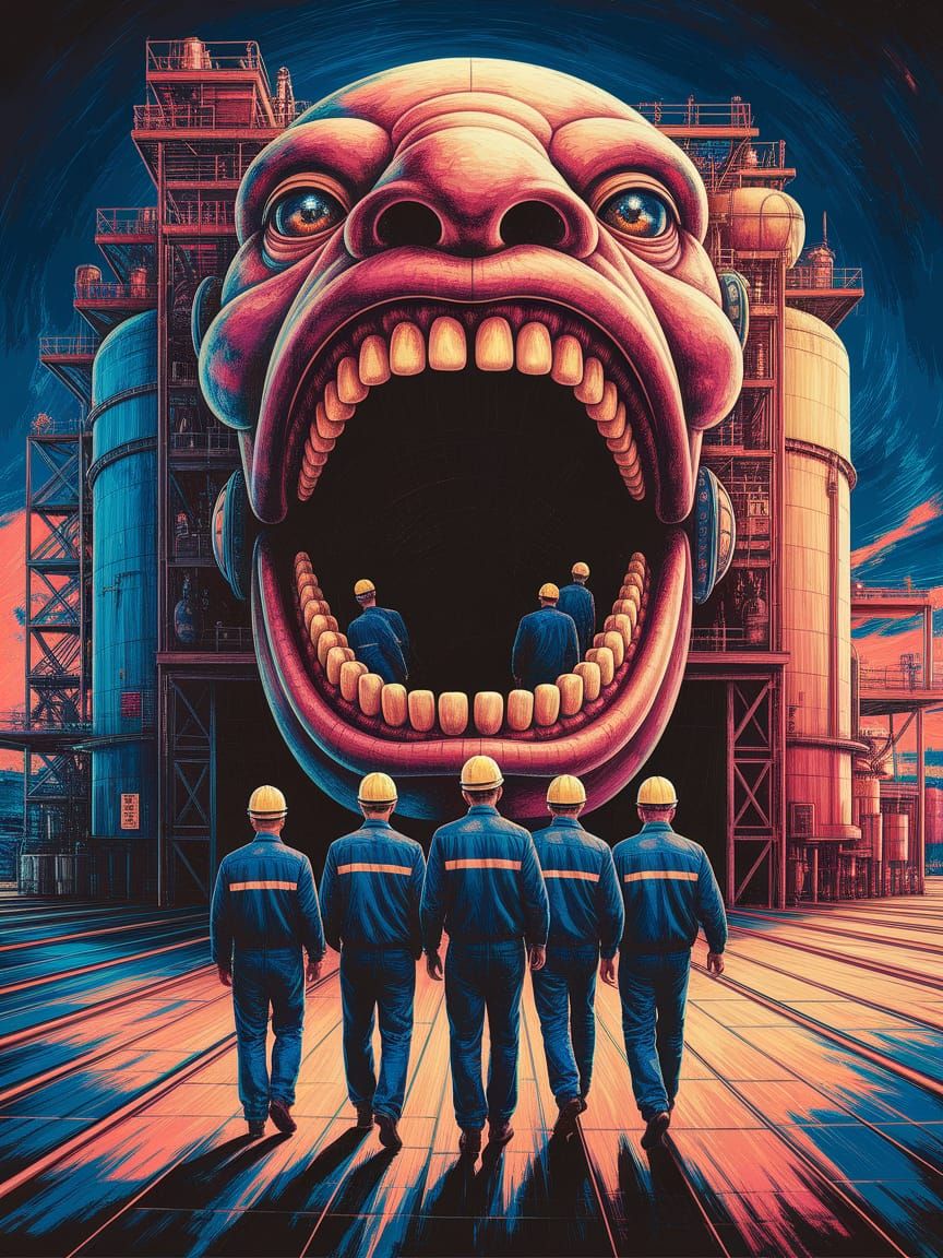 Dieselpunk Workers Enter Mechanical Building as Oil Painting