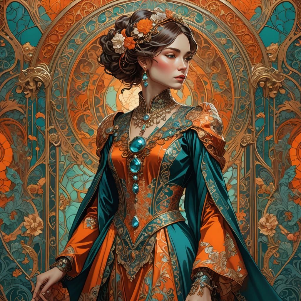 Fashionable Woman in Ornate Setting, Art Nouveau Style