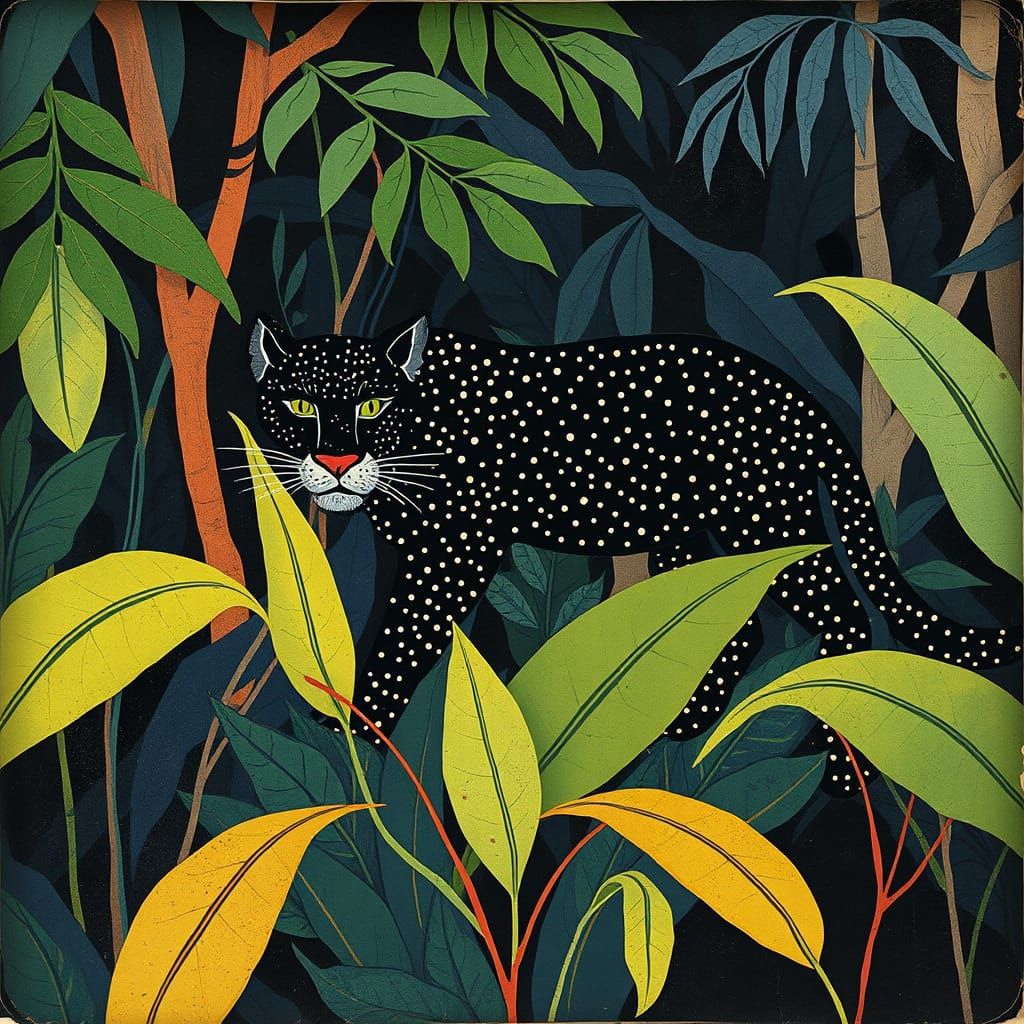 Panther in Lush Jungle at Night