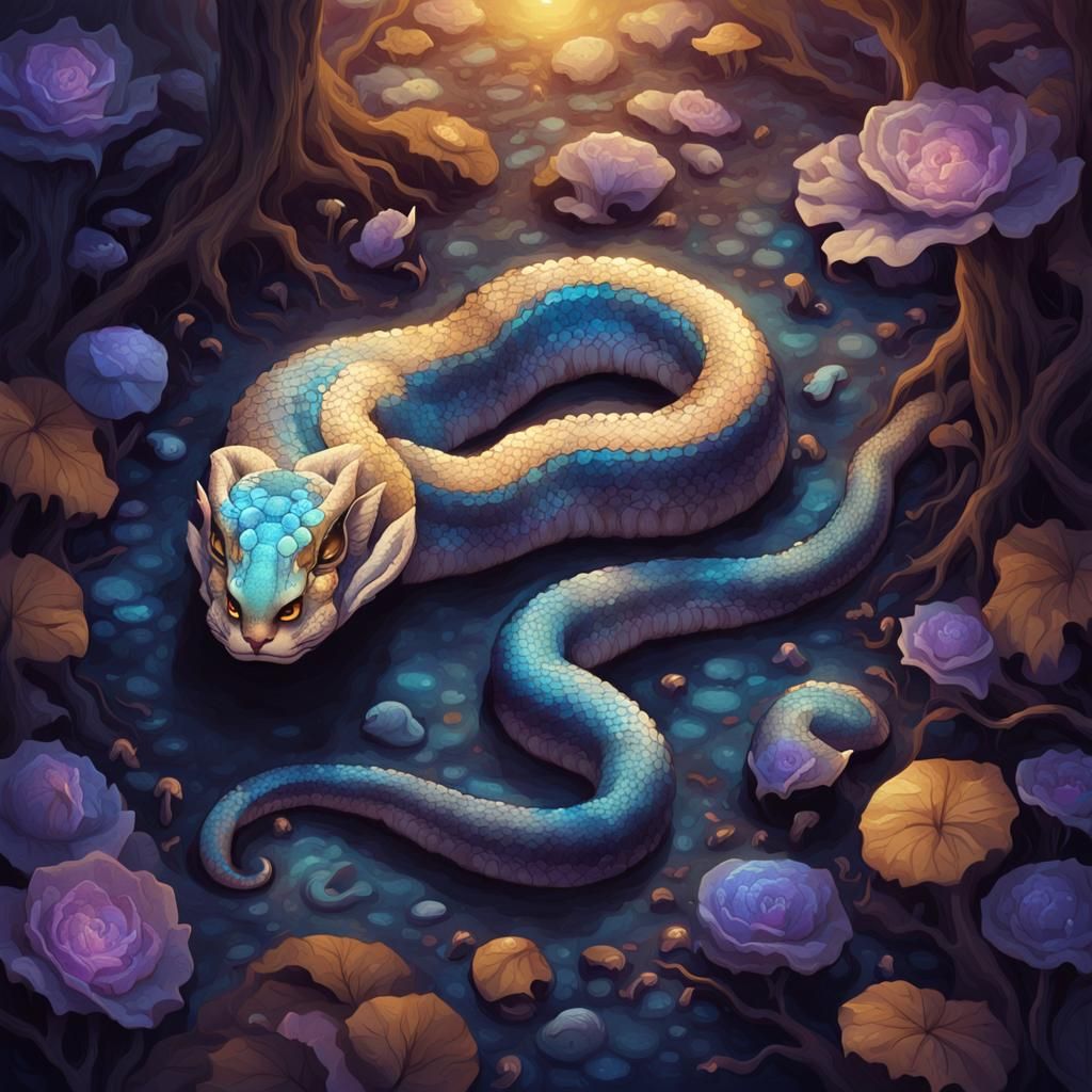 Fantastical Cat-Headed Snake Creature in Golden Light