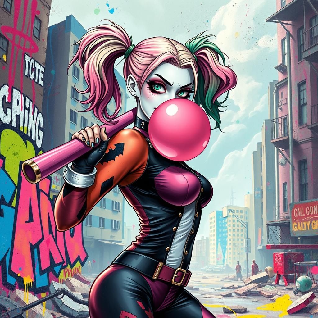 Harley Quinn Struts Through Chaotic Cityscape