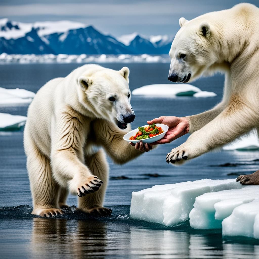 Polar Bear Cub Receives Lunch From Humans