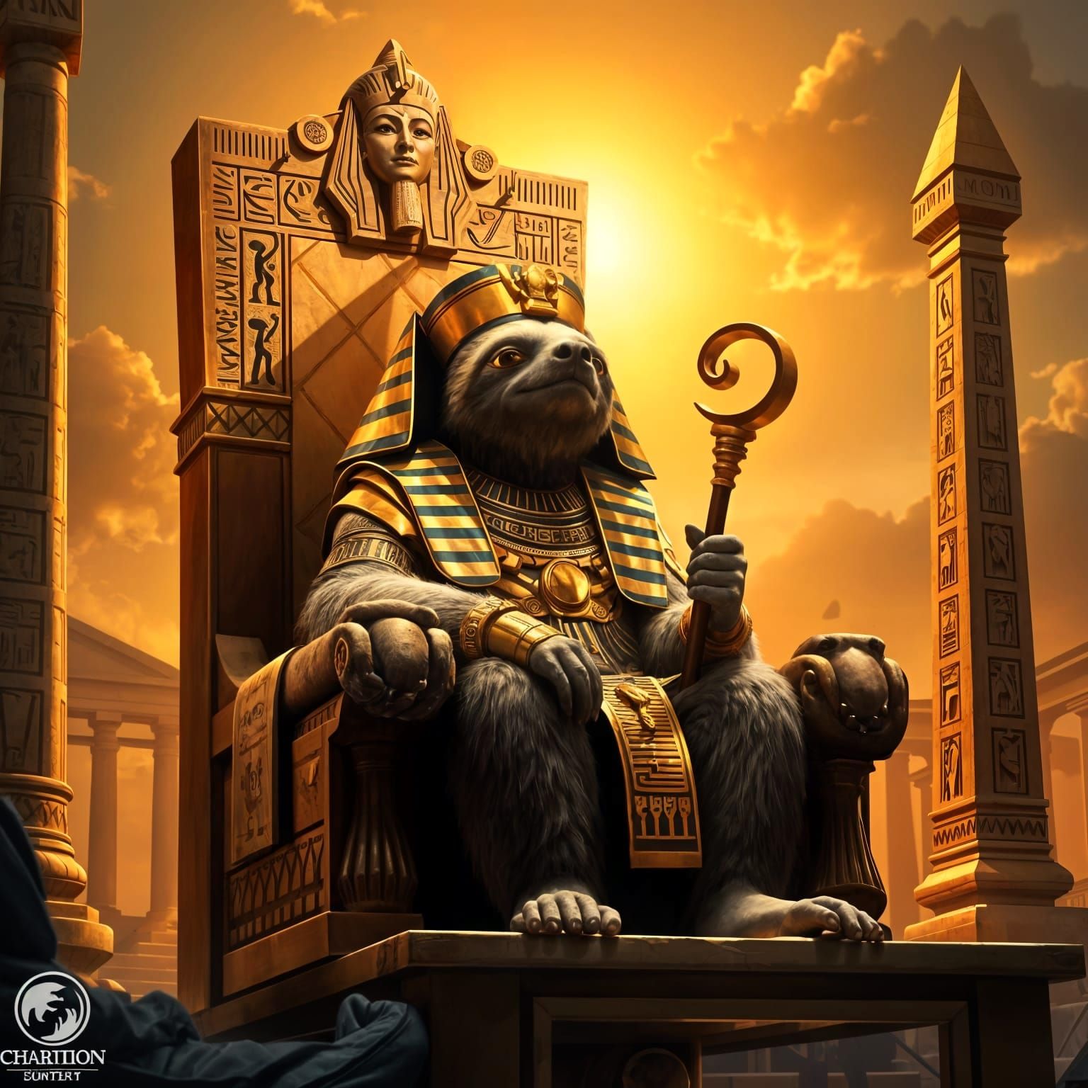Pharaoh Sloth on Throne with Egyptian Symbols
