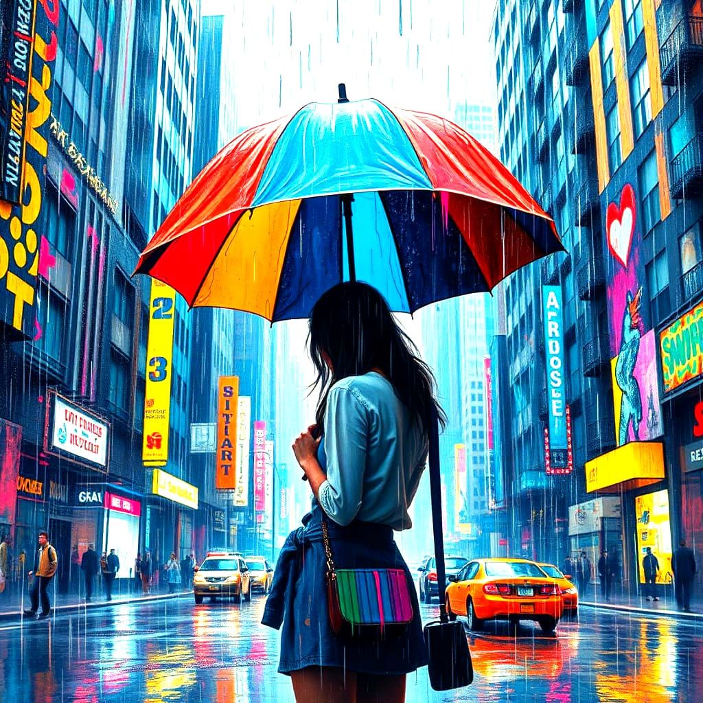 Woman with Umbrella in Graffiti Splash Art