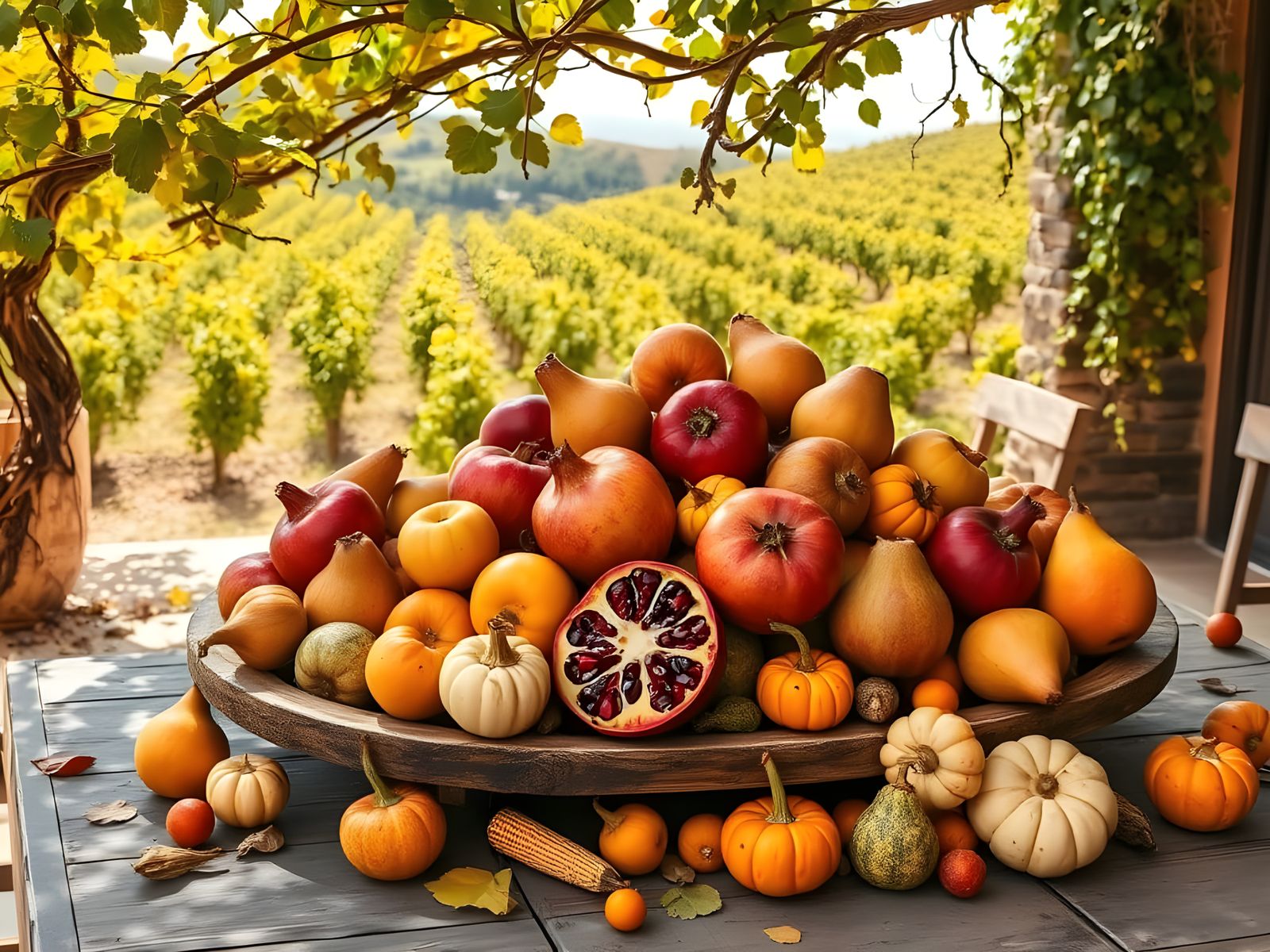 Autumn Harvest Platter Overlooking Vineyards and Sea