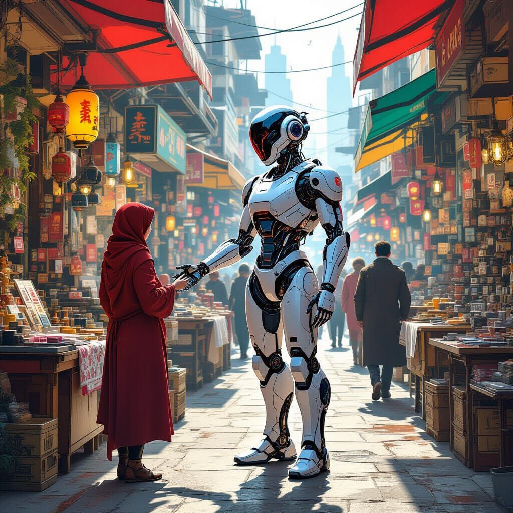 Robot Shopping for Cybernetic Parts in Market