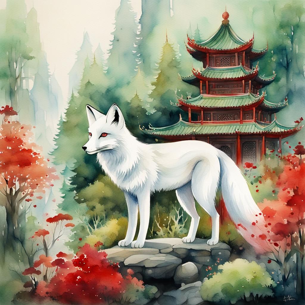 White Fox Gazing at Temple in Watercolor Forest