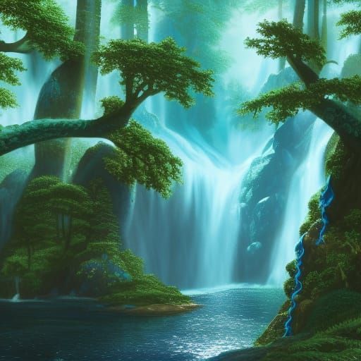 Turquoise Waterfall in Green and Gold Forest Alcove