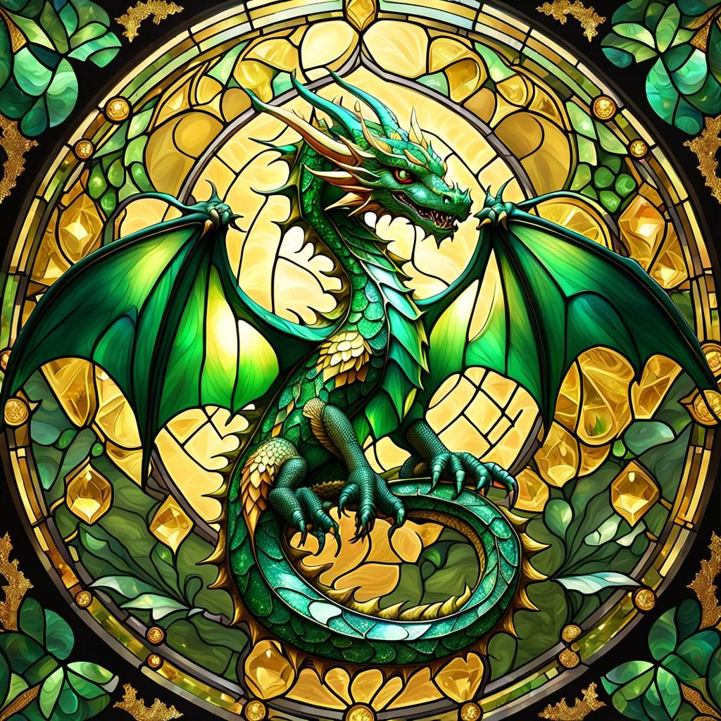 Glittering Stained Glass Dragon in Gold Light
