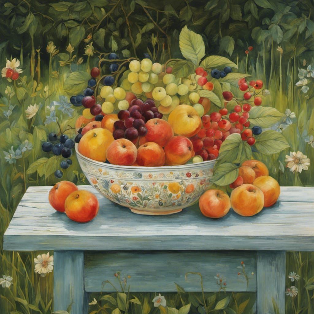 Bowl of Fruit in Garden: Intricate Detail