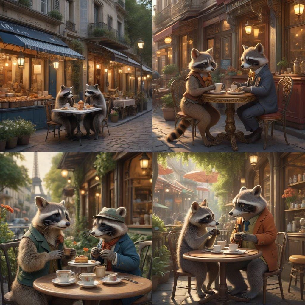 Anthropomorphic Raccoon Couple in Parisian Cafe