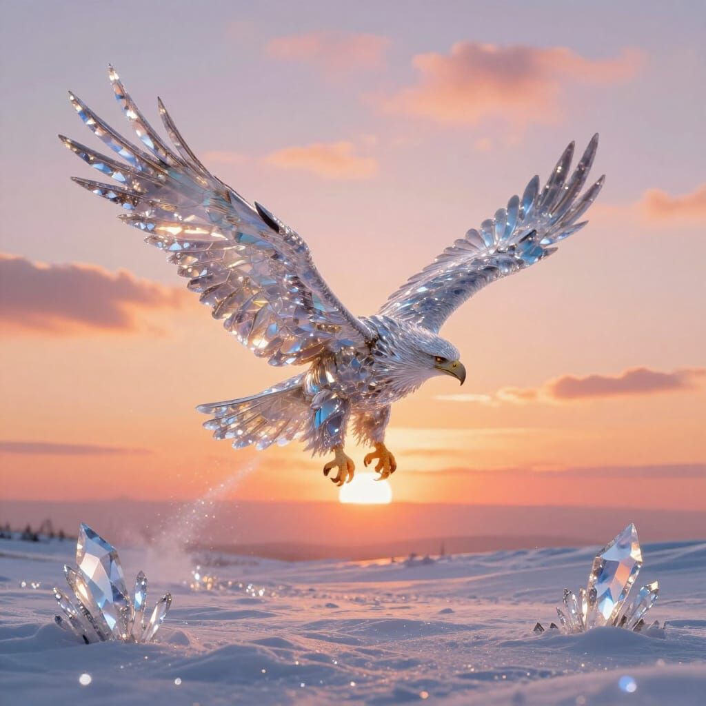 Crystal Eagle Soars Through Sunrise Sky