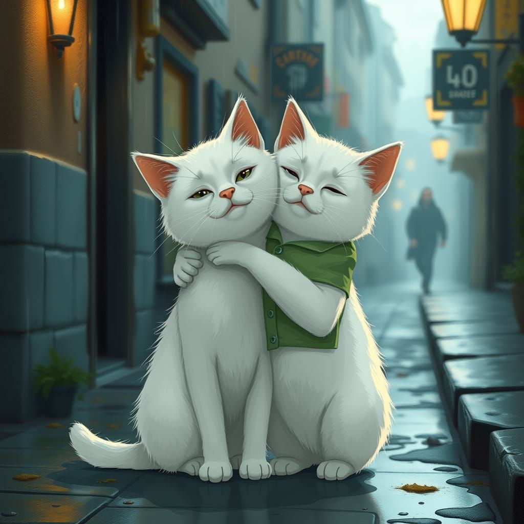 Whiskered Friends Share a Warm Embrace on a Rainy Street