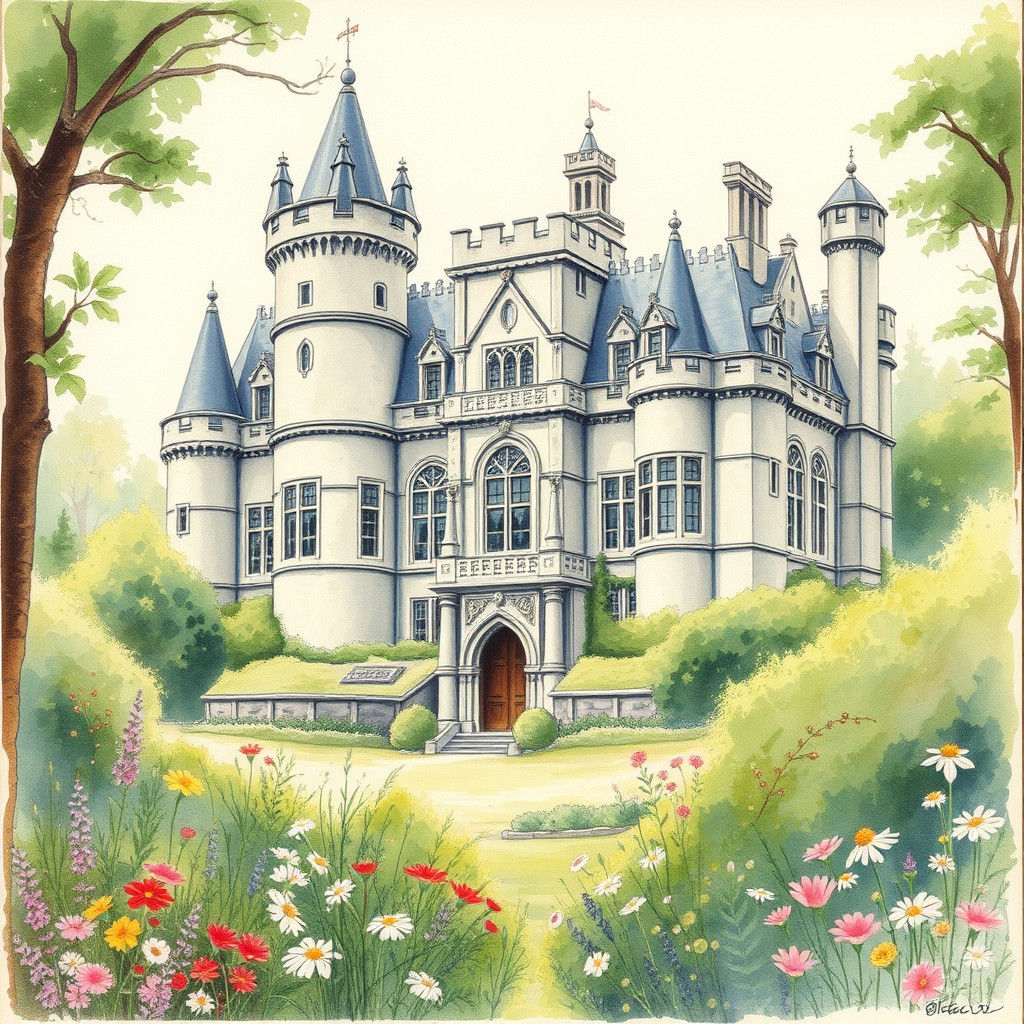 Medieval Mansion Watercolor Hedgerow in Beatrix Potter Style