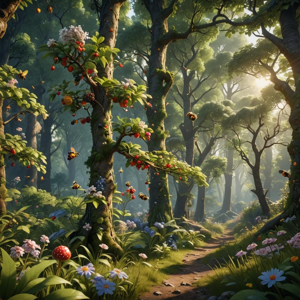Hyperrealistic Forest Landscape with Fruits and Flowers