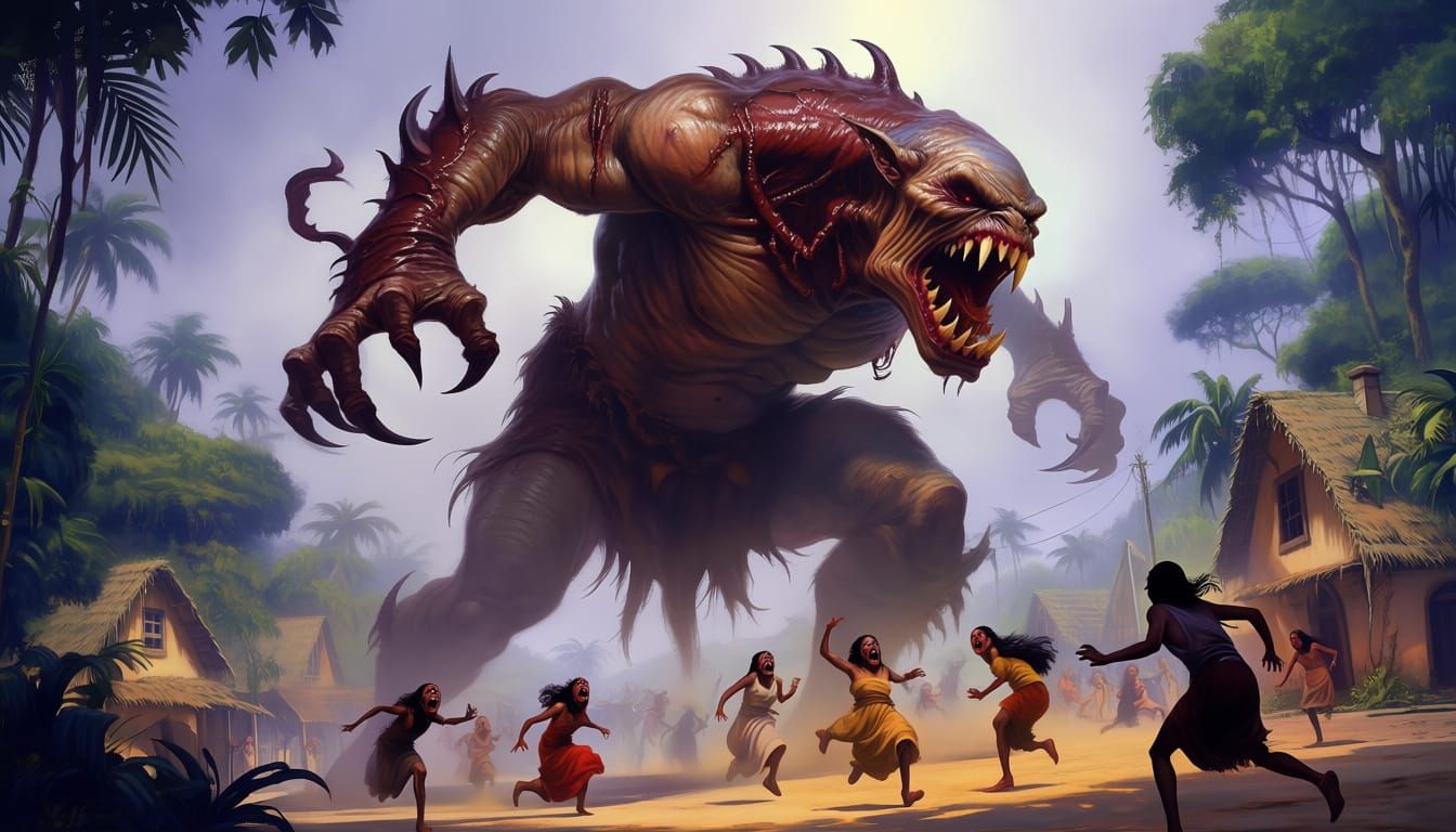 Grotesque Creature Attacks Jungle Village in Fantasy Art Sty...