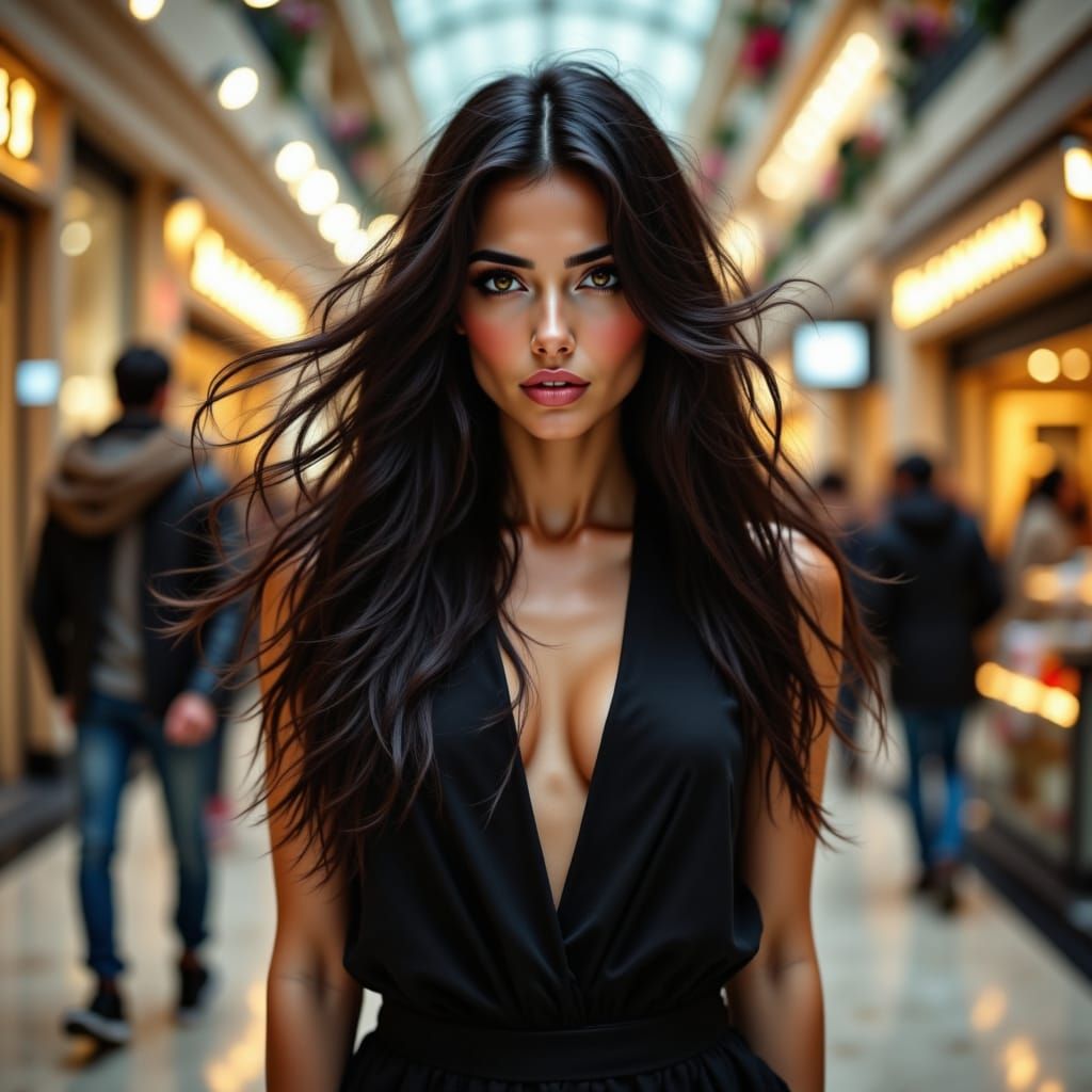Elegant Woman in Mall with Flowing Hair, Soft Downlighting