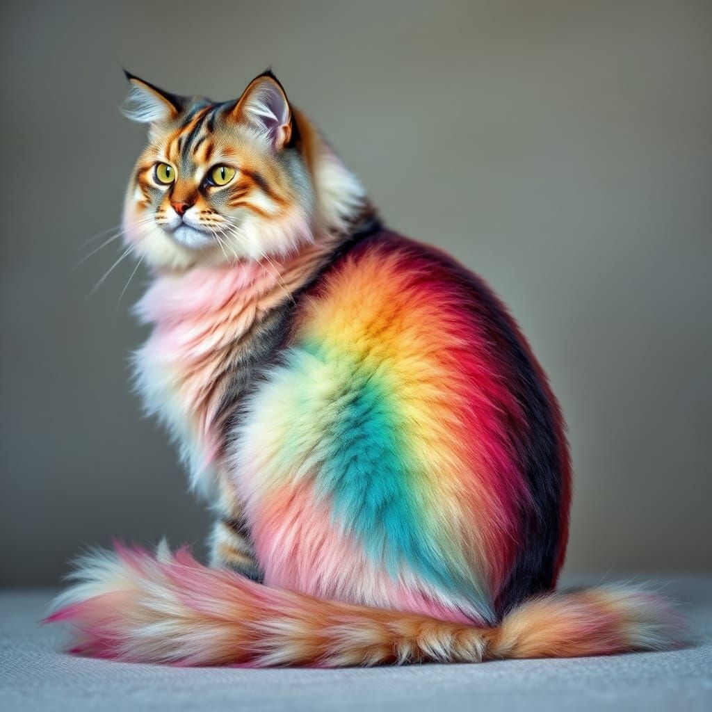 Hyper-Realistic Calico Cat in Vibrant Rainbow Stripes