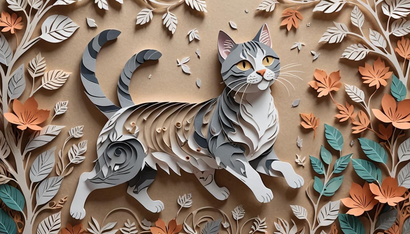 Tabby Cat Papercut Art with Floral Silhouettes