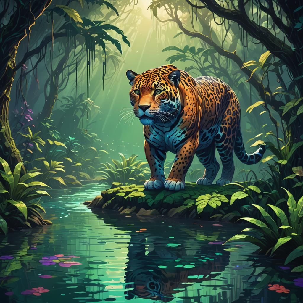 Jaguar Drinking in Amazon River, Pixel Art