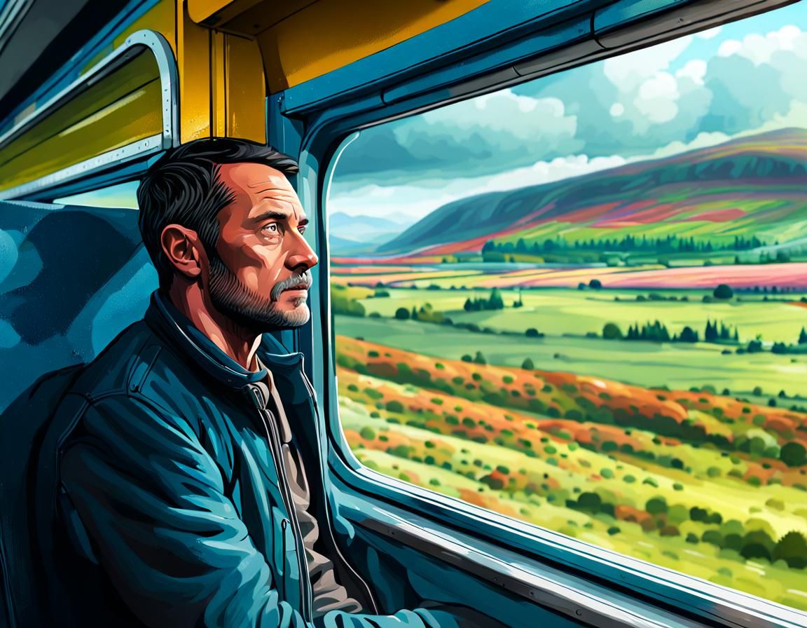 Train Journey Through Moorland in Hyperrealistic Splash Art