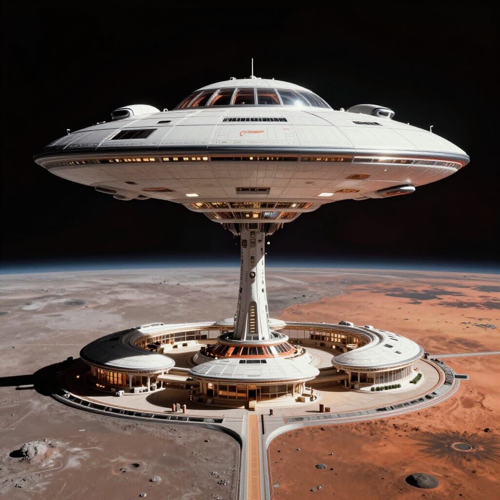 Futuristic UFO Aircraft Ascends to Lunar Resort