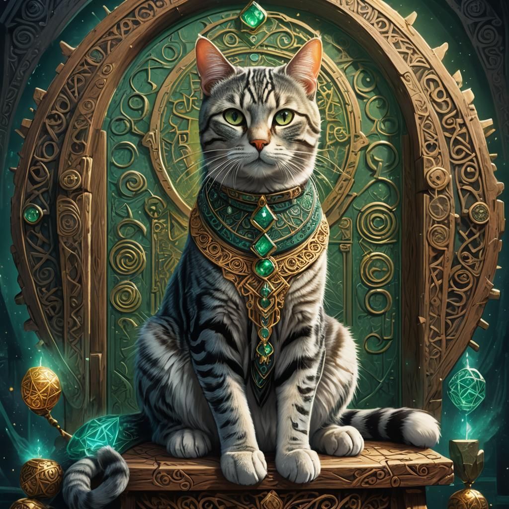 Regal Cat on Throne with Magical Runes