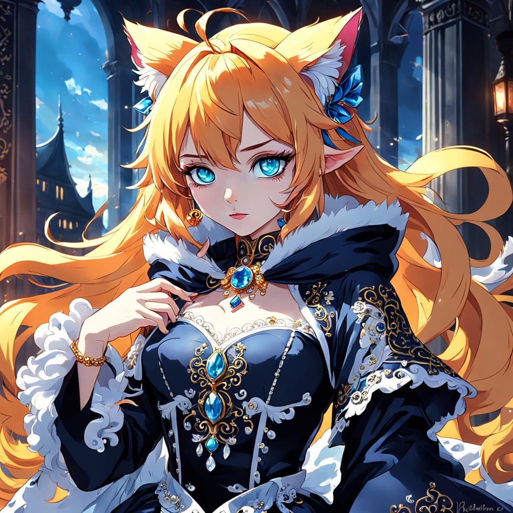 Elegant Catgirl with Vibrant Fur and Ornate Gown