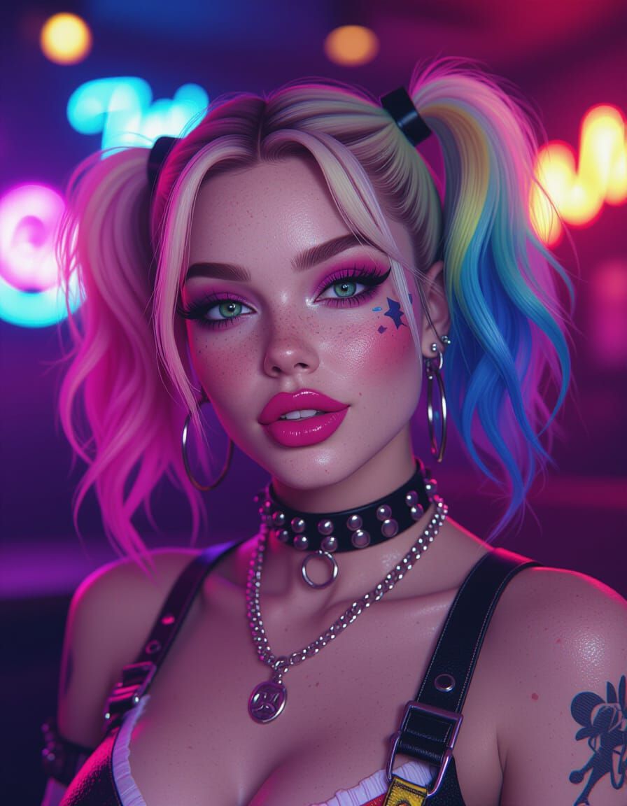 Vibrant Punk Woman in Neon Club: Photorealistic Portrait