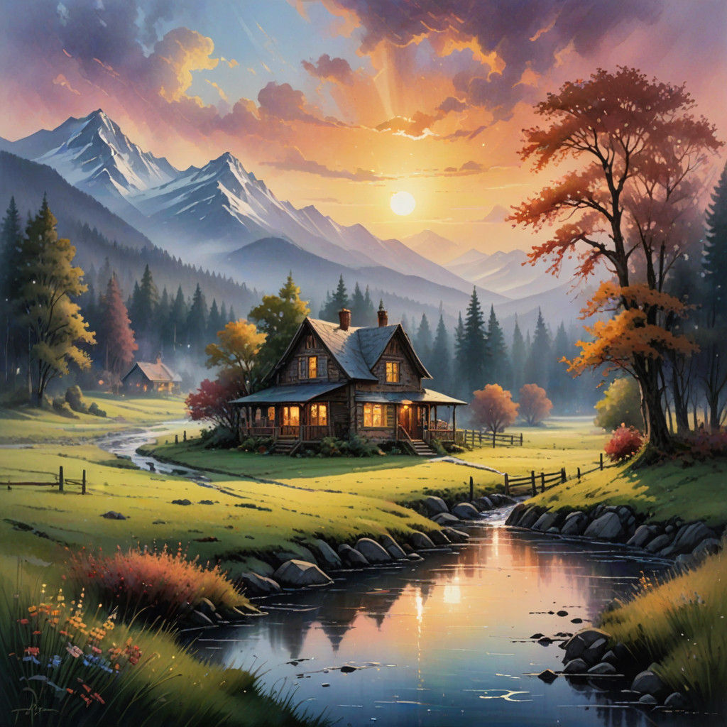 Serene Watercolor Scene of Old House in Misty Landscape