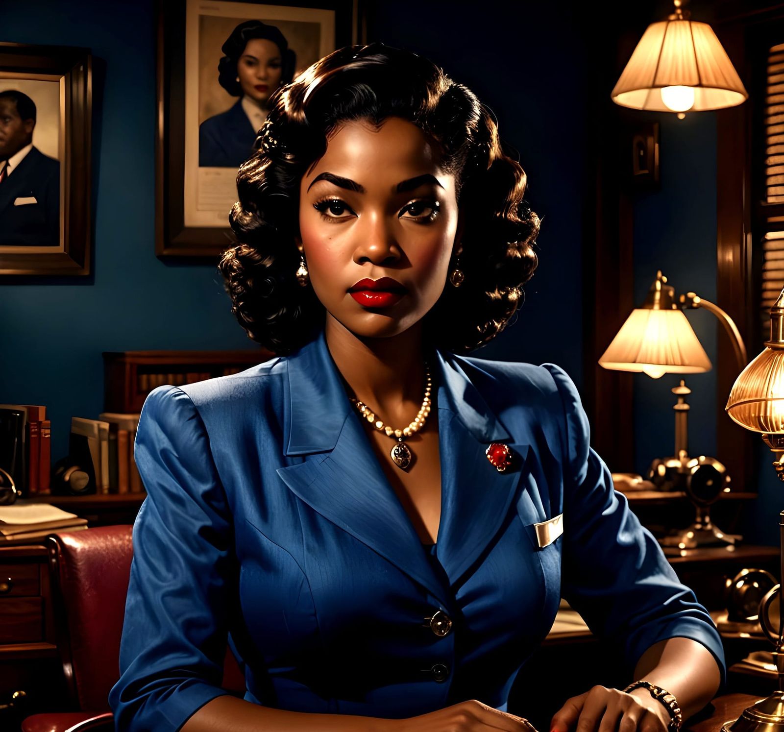 Hyperrealistic 1940s Portrait of Woman in Blue