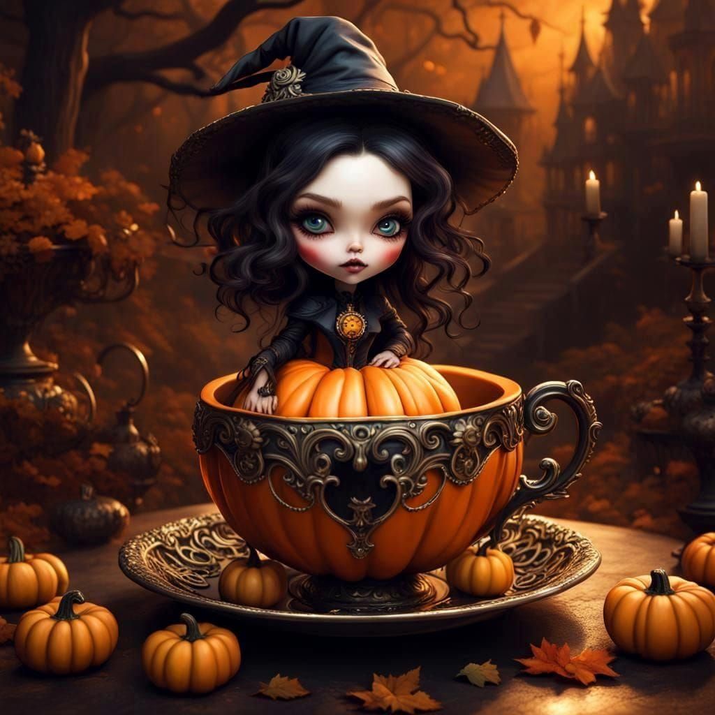 Witch in Pumpkin Teacup, Detailed Fantasy Art