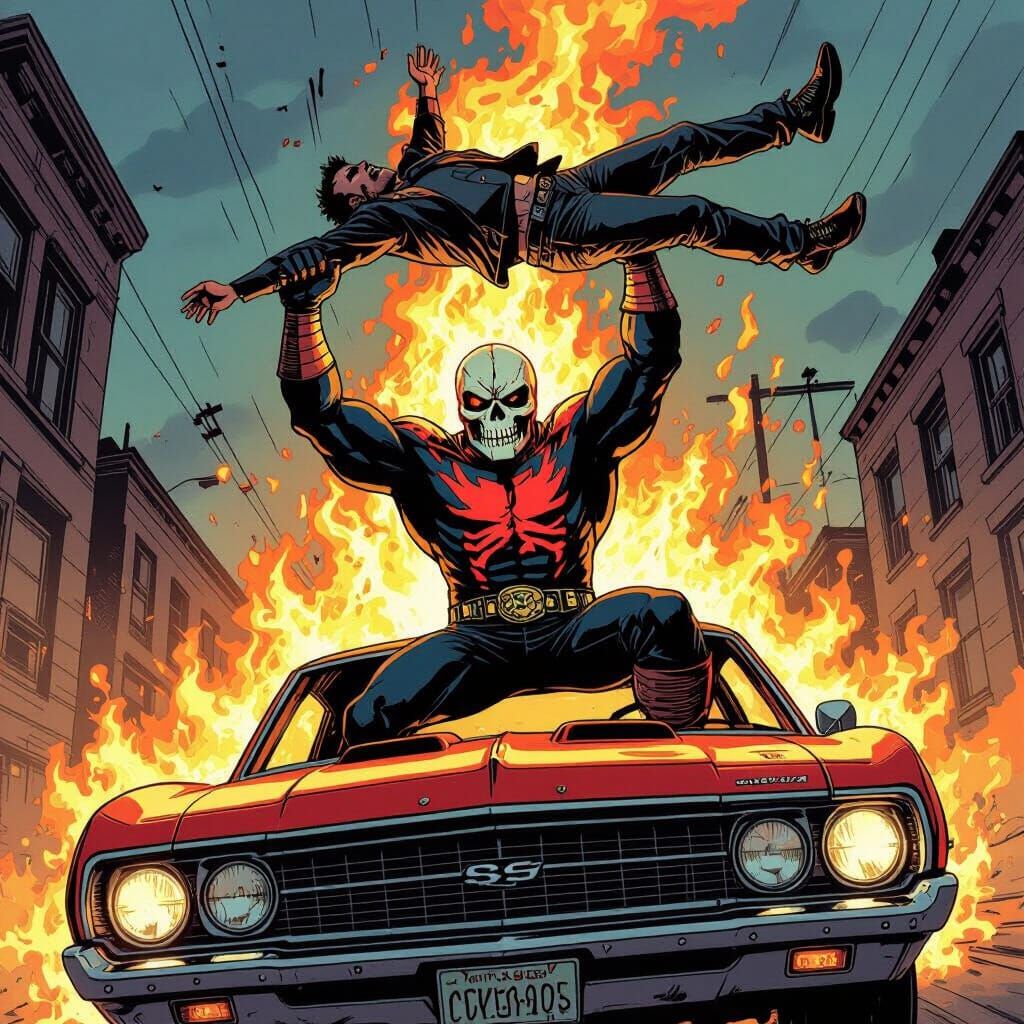 Luchador of Vengeance on Flaming 1969 Chevy