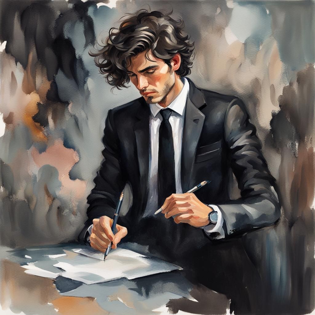 Abstract Man Writing: Gouache Watercolor Impressionist Paint...