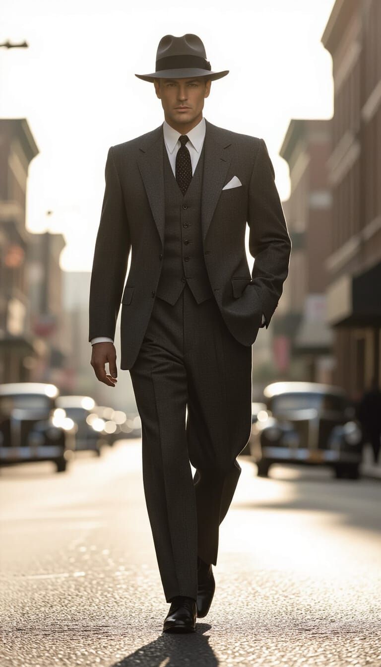Confident 1950s Man in Suit and Fedora