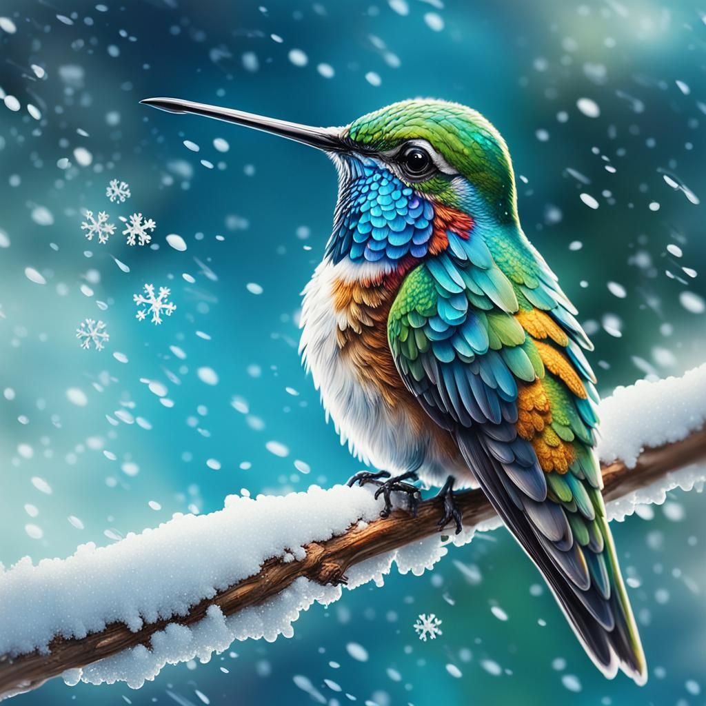 Colorful Hummingbird in Snowy Macro Photograph