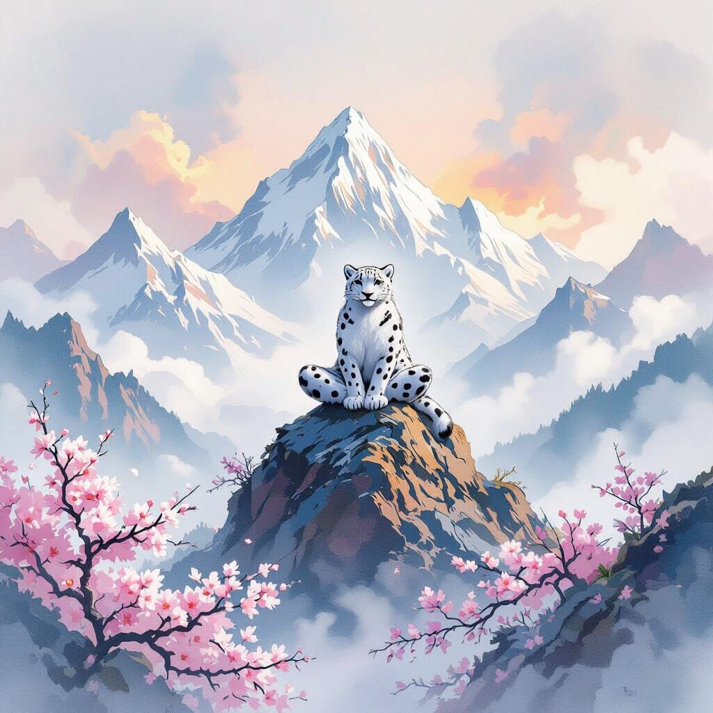 Meditating Snow Leopard Superhero on Misty Peak