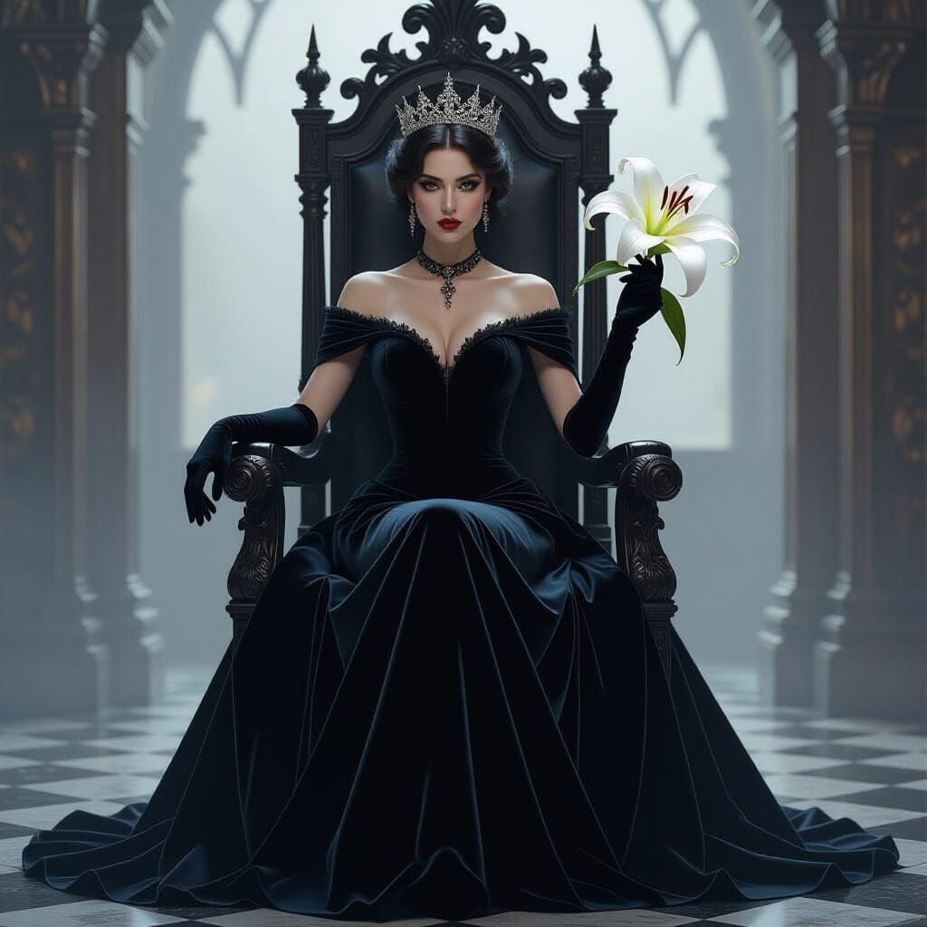 Melancholy Queen with Lily in Victorian Gothic Style