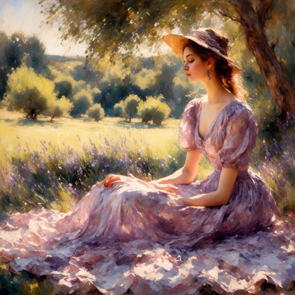 Woman at Picnic in Impressionist Style