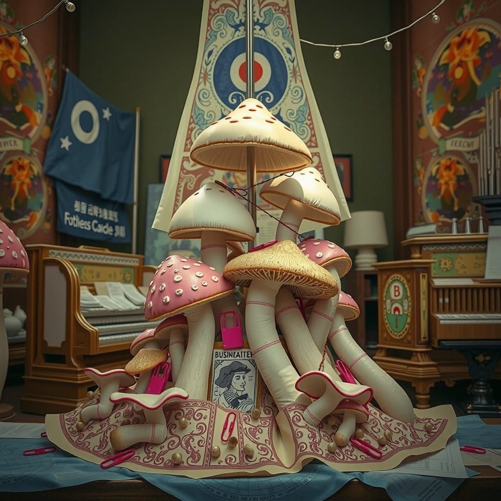 Whimsical Fungal Metropolis in Multicolored Linocut