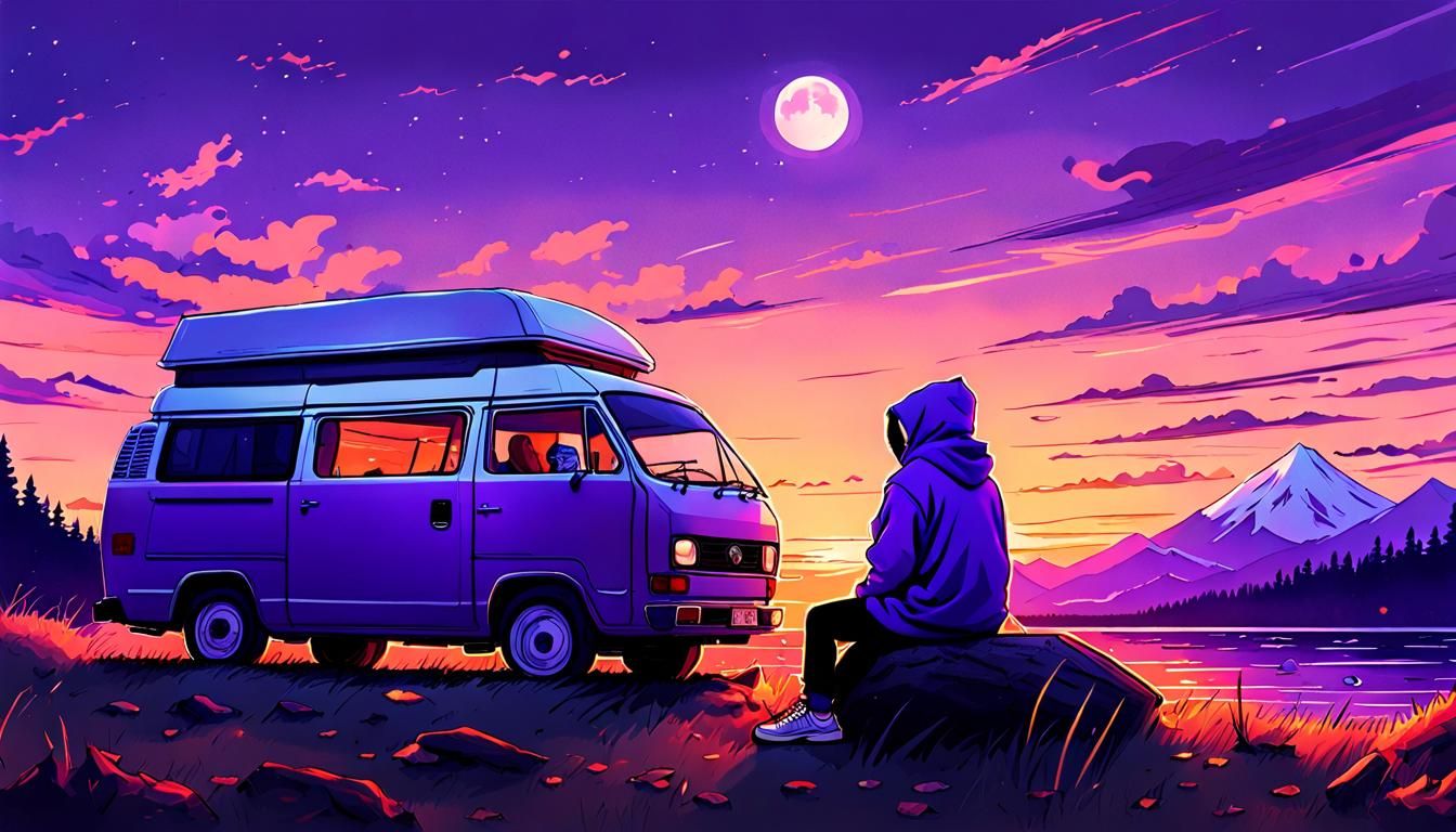 Camper Van Sunset in Lofi Anime Style