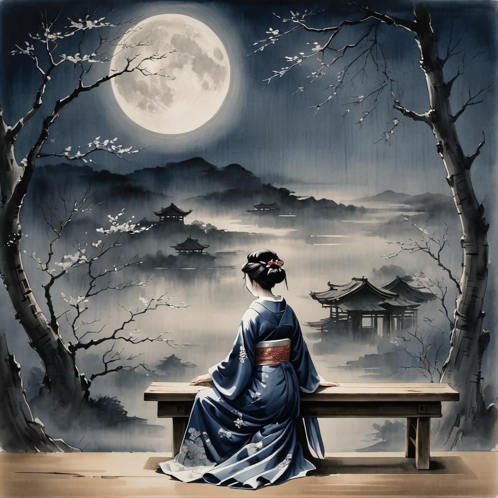Geisha Gazing at Moon in Japanese Ink Wash