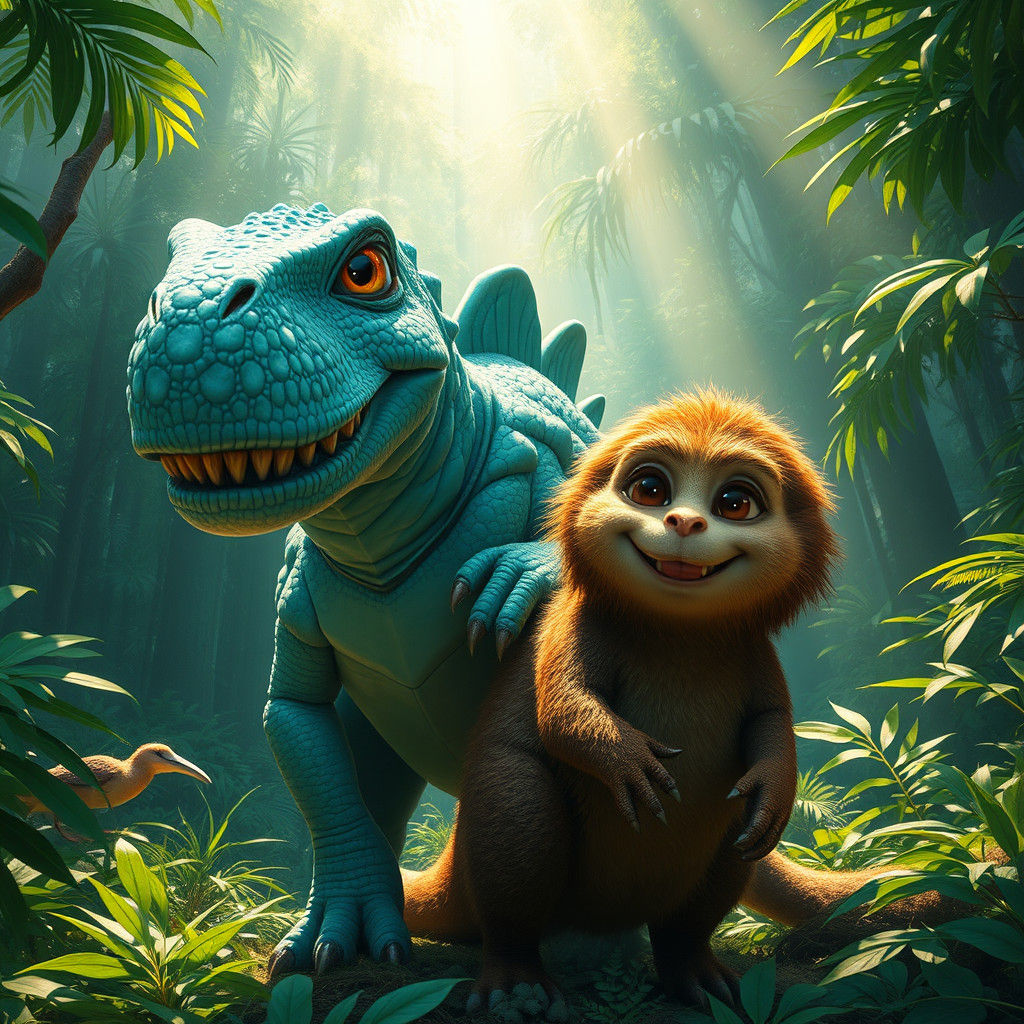 Gentle Blue Rex and Friend in Emerald Jungle