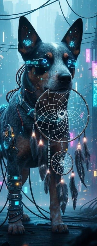 Cyberpunk Blue Heeler with Dreamcatcher in Dystopian City