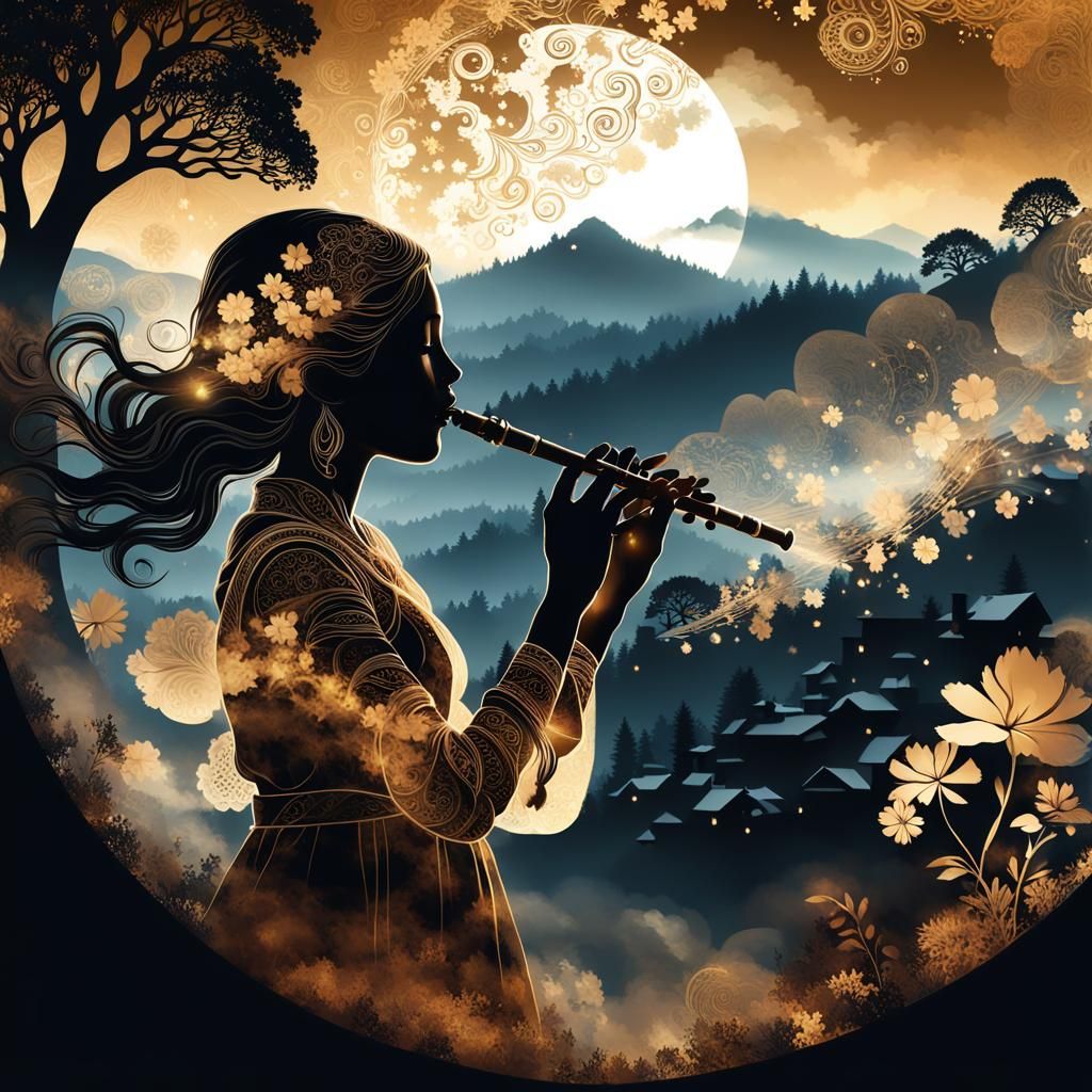 Bronze Age Girl Flute Player in Double Exposure